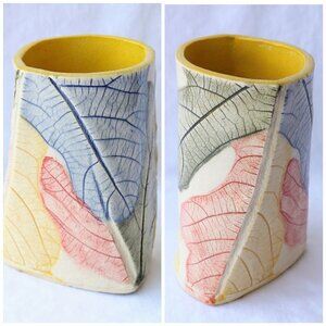 Handmade Ceramic Multicolor Pencil Holder Organic Shape leaf texture Vase unique
